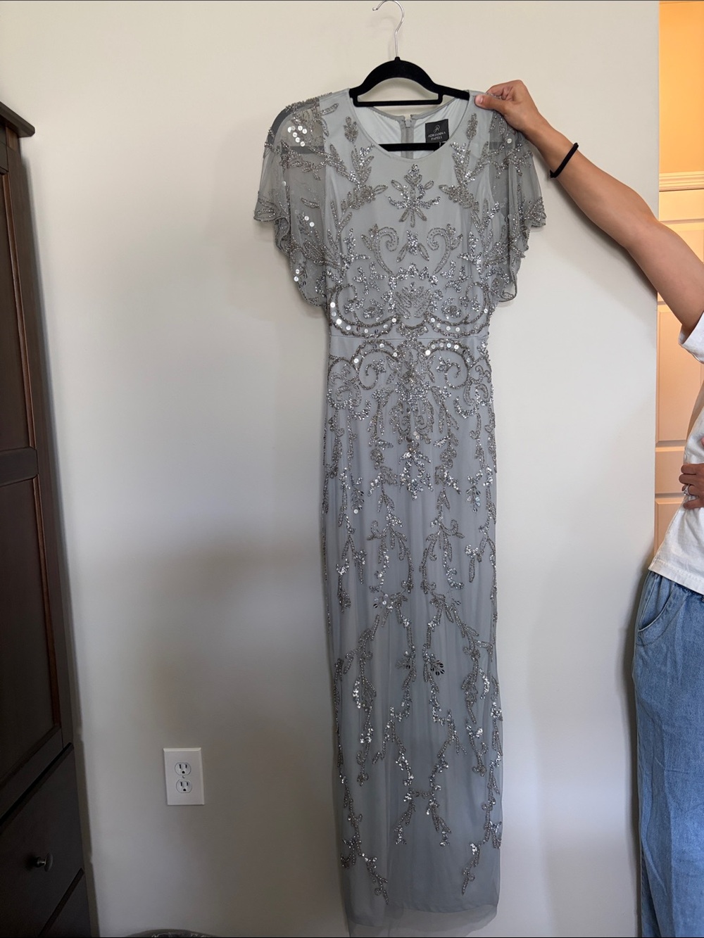 Adrianna Papell Silver Beaded Maxi Dress